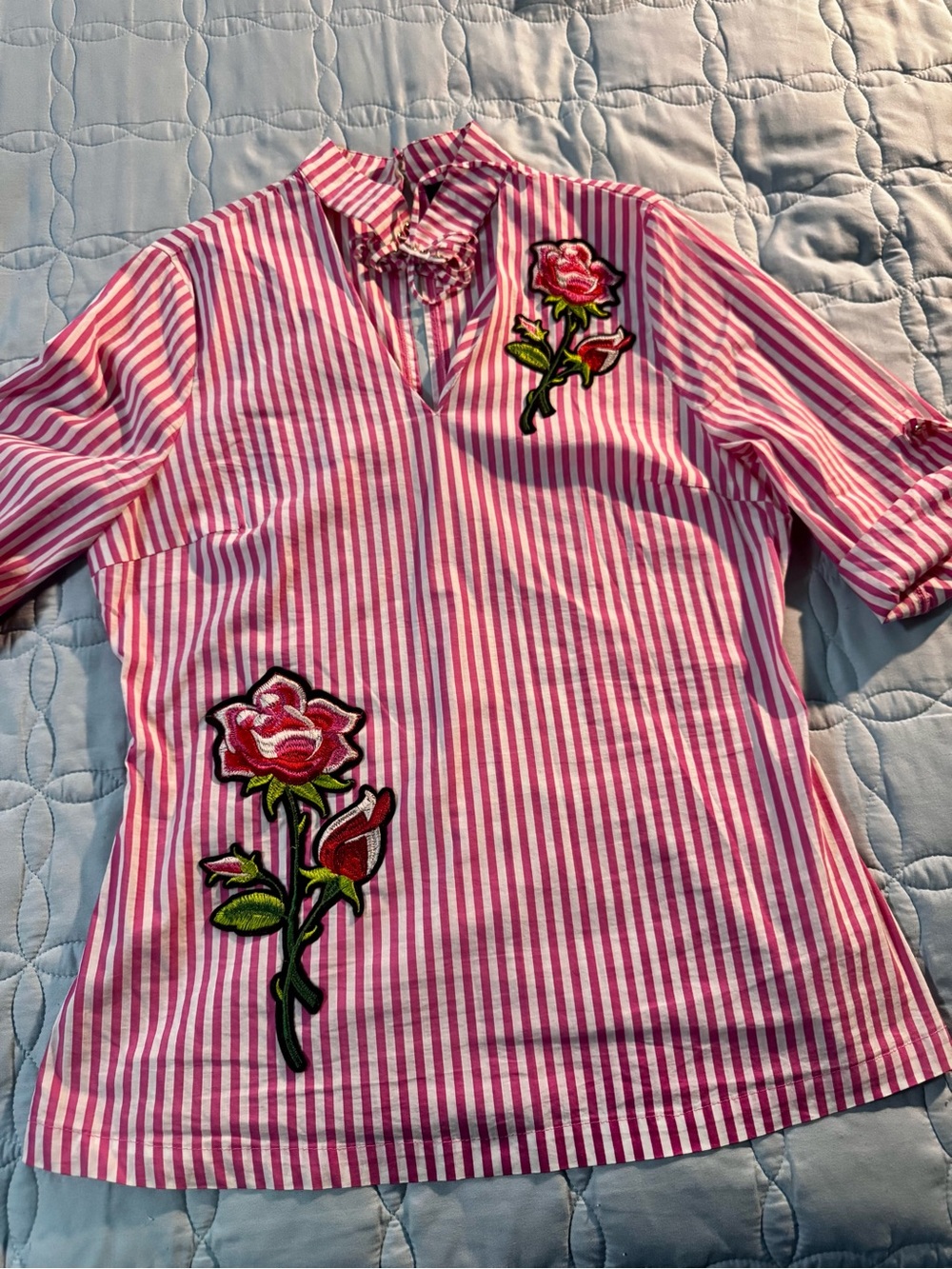 Pastels Pink Striped Tunic with Rose Appliqués
